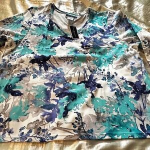 TOP, COTTON BLEND, BLUE/TURQUOISE/GREY, SIZE 3X, ROUND NECK, LONG SLEEVES, KAREN